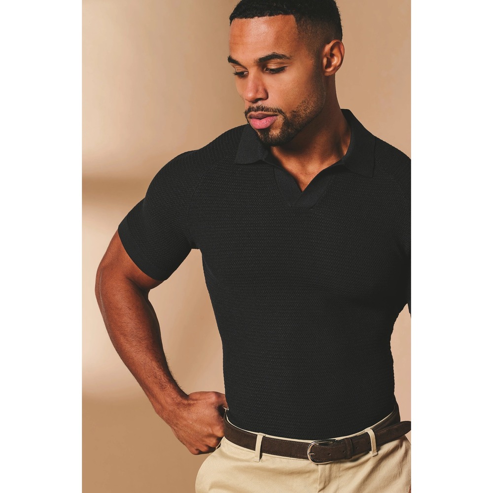Tailored Athlete Textured Knitted Open Collar Polo Shirt Black Mens XL NWT